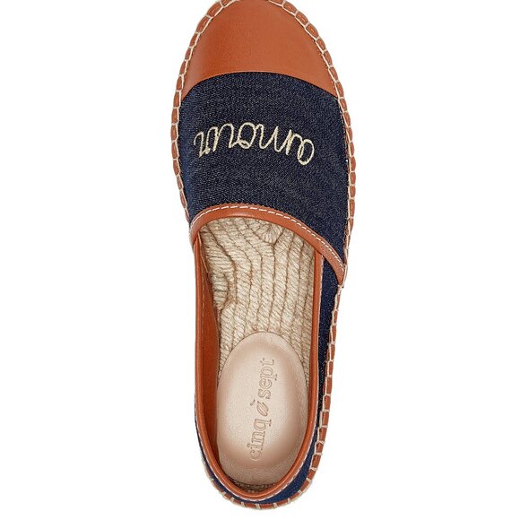 Cinq A Sept Jenna Denim Leather Cognac Espadrille Flats AMOUR 38 7 7.5 Brand NEW - Picture 4 of 8